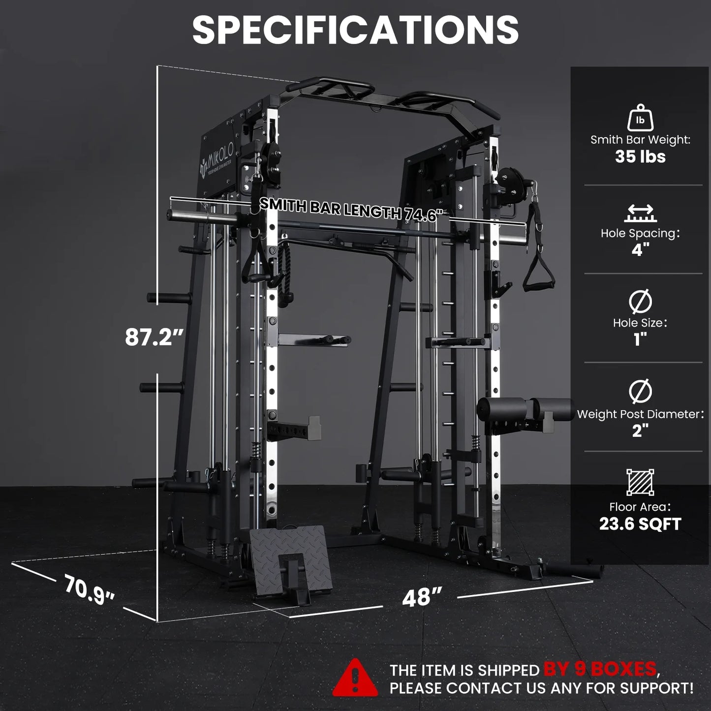 Smith Machine Home Gym, 2200 Lbs Power Rack Cage with Cable Crossover, Power Rack with 1200LB Capacity Adjustable Weight Bench and 230 Lbs Weight Plate, Total Body Strength Training Equipment