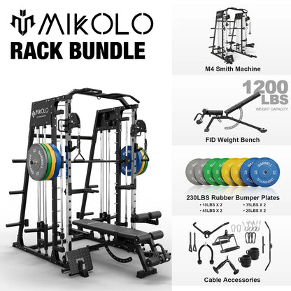 Smith Machine Home Gym, 2200 Lbs Power Rack Cage with Cable Crossover, Power Rack with 1200LB Capacity Adjustable Weight Bench and 230 Lbs Weight Plate, Total Body Strength Training Equipment