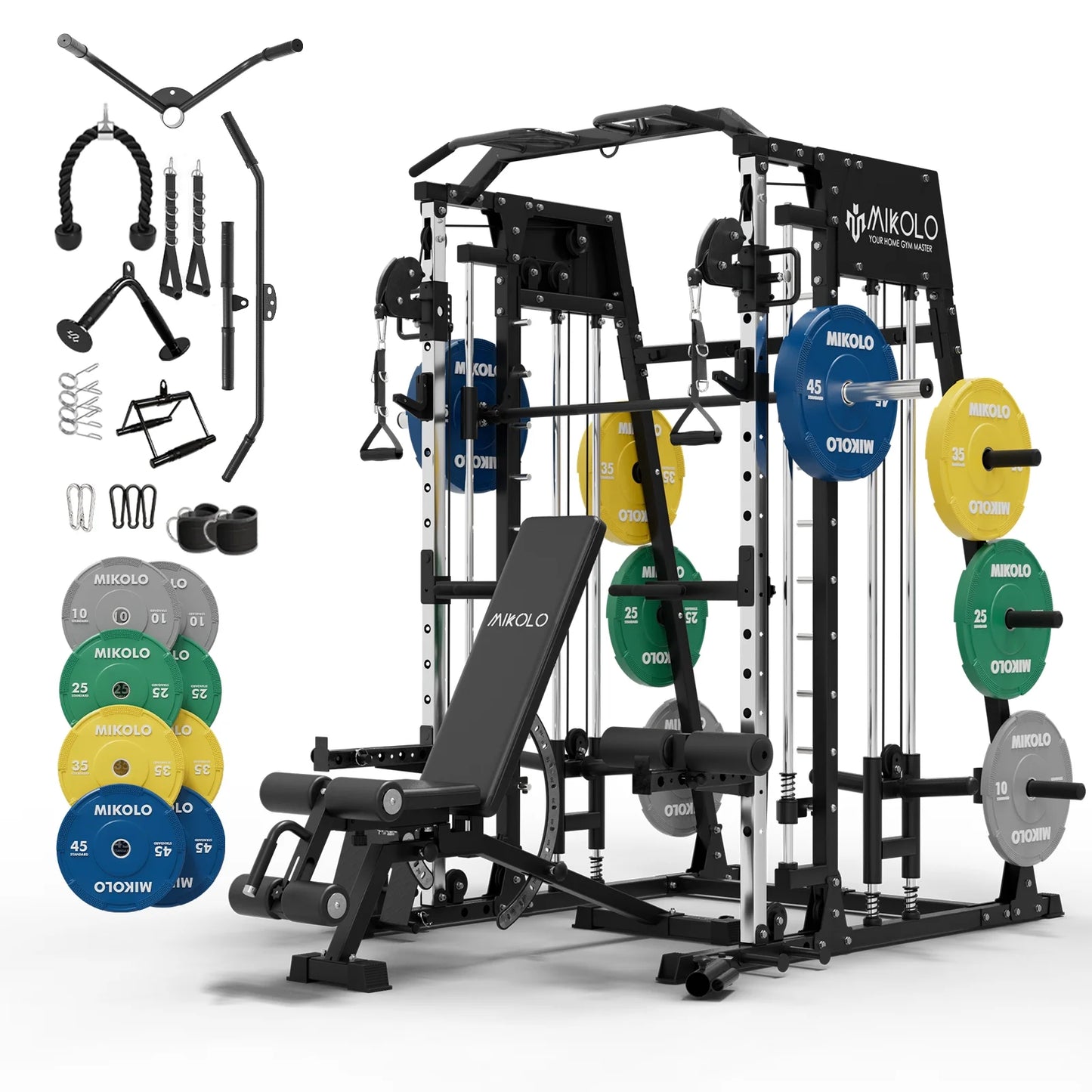 Smith Machine Home Gym, 2200 Lbs Power Rack Cage with Cable Crossover, Power Rack with 1200LB Capacity Adjustable Weight Bench and 230 Lbs Weight Plate, Total Body Strength Training Equipment