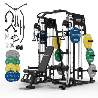 Smith Machine Home Gym, 2200 Lbs Power Rack Cage with Cable Crossover, Power Rack with 1200LB Capacity Adjustable Weight Bench and 230 Lbs Weight Plate, Total Body Strength Training Equipment