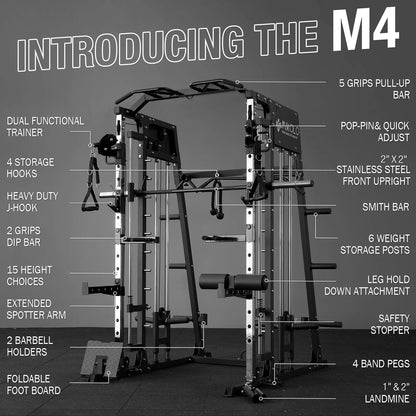 Smith Machine Home Gym, 2200 Lbs Power Rack Cage with Cable Crossover, Power Rack with 1200LB Capacity Adjustable Weight Bench and 230 Lbs Weight Plate, Total Body Strength Training Equipment